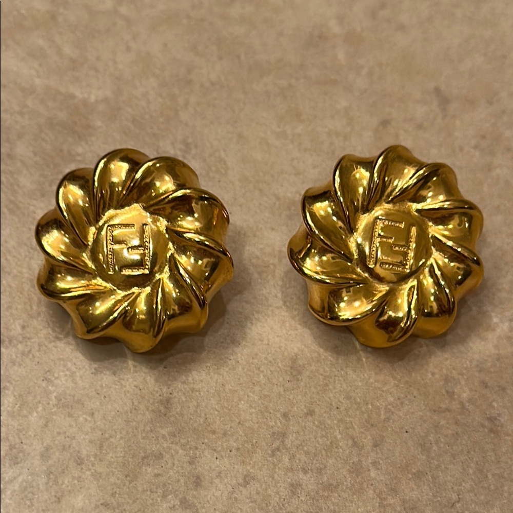 Gold Flower Earrings with Fendi logo